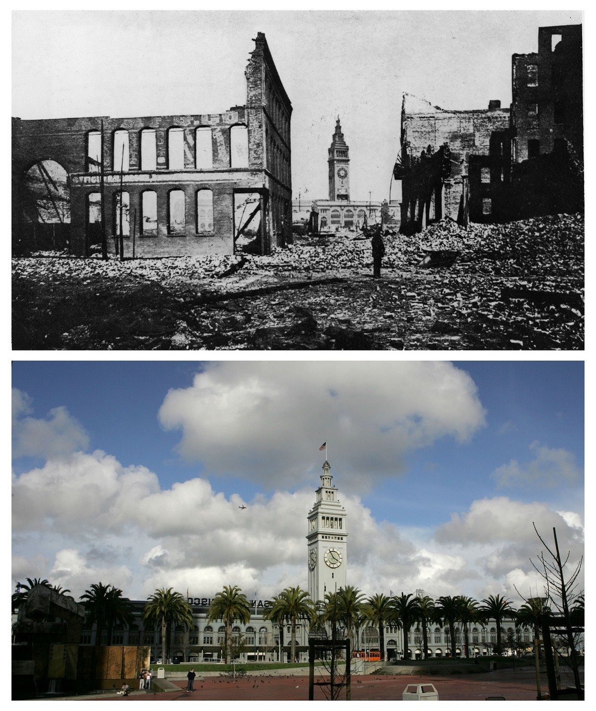 3. Преди и след земетресението: Изглед към Фери Билдинг в Сан Франциско през 1906 и 2006 г.