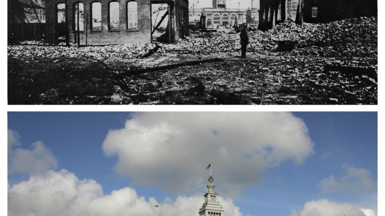 3. Преди и след земетресението: Изглед към Фери Билдинг в Сан Франциско през 1906 и 2006 г.