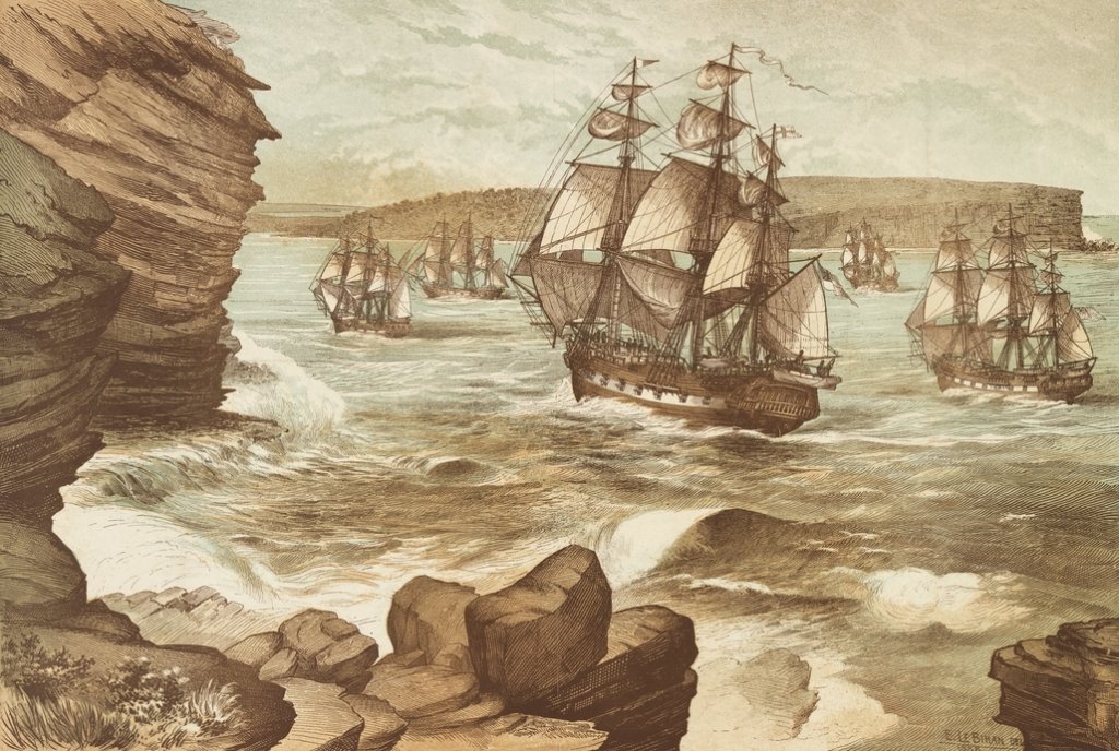 The_First_Fleet_entering_Port_Jackson,_January_26,_1788,_drawn_1888_A9333001h