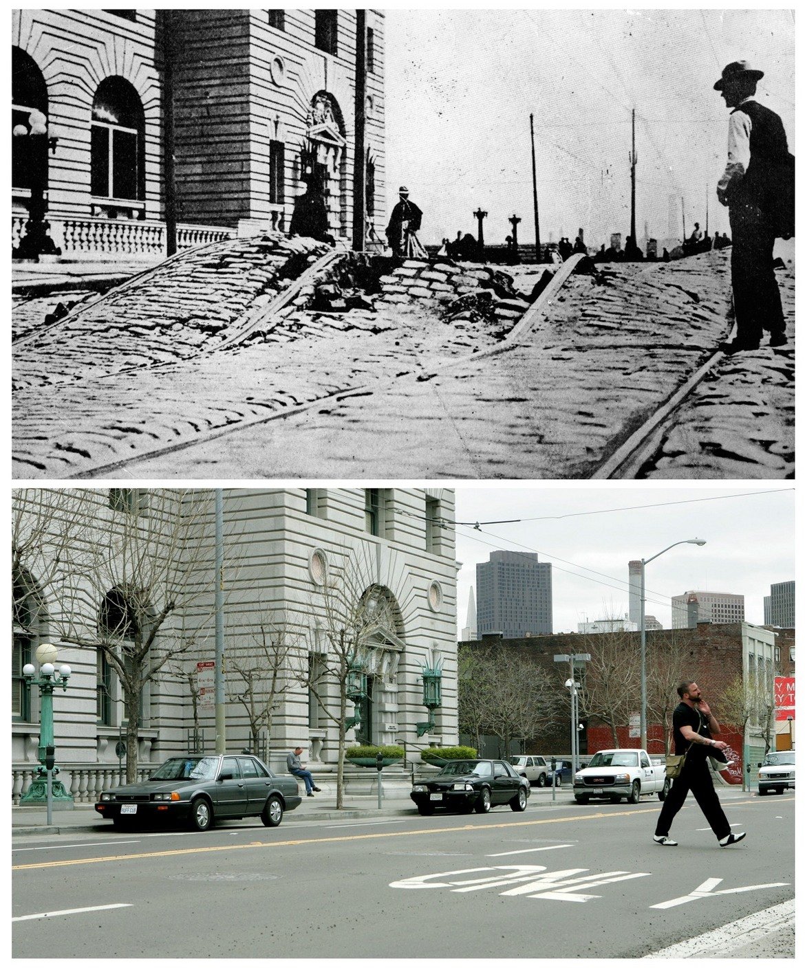 4. 3. Преди и след земетресението: Улица "Мишън" през 1906 и 2006 г. и сградата на Апелативния съд.