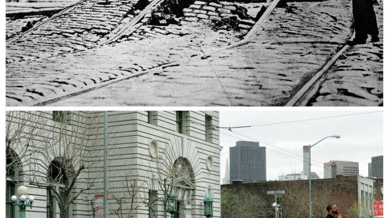 4. 3. Преди и след земетресението: Улица "Мишън" през 1906 и 2006 г. и сградата на Апелативния съд.