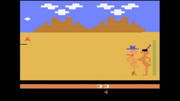 Custers Revenge
Този платформър, предназначен за конзолата Atari 2600, ви поверява управлението на генерал Джордж Къстър, останал в историята като символ на геноцида над коренното население на Америка. В Custers Revenge той е въоръжен с една огромна… ерекция. Целта тук е да избягвате вражеските индиански стрели, за да стигнете до другия край на екрана, където ви очаква гола американска туземка, вързана на стълб. За да спечелите точки, трябва да извършите сексуален акт с нея, без значение, че той далеч не е по взаимно съгласие.
Порнография, расизъм и изнасилване в един пакет – достатъчен, за да предизвика шок при излизането си през 1982. Играта добива известност заради скандалното си съдържание и реализира добри продажби, но в крайна сметка е спряна от разпространение.