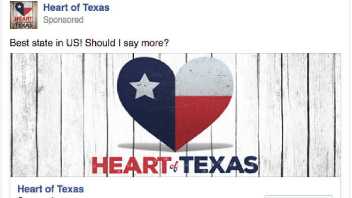 Групата "Сърцето на Тексас" има 253 862 последователи и спонсорира публикации по няколко теми - за оръжията, против имигрантите и против Хилари Клинтън