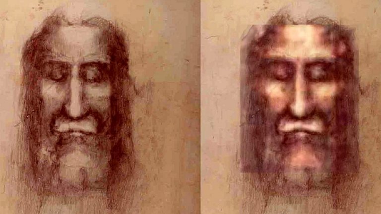 Лицето от Торинската плащеница - едноцветно (вляво) и оцветено (вдясно)