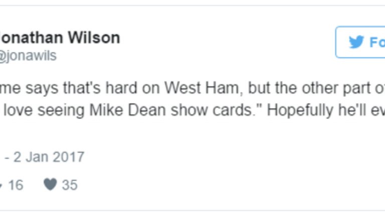 Част от мен съжалява за Уест Хем, но другата обожава да гледа как Майк Дийн раздава картони.
