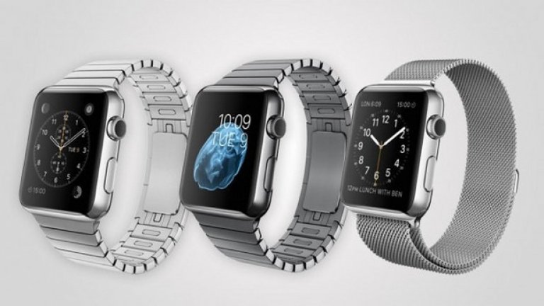 Apple Watch - традиционния кейс е изработен от неръждаема стомата и е предназначен да се носи в ежедневието. Дисплеят е защитен със сапфирено стъкло. Ето и каишките The Link Bracelet (двете в ляво) и Milanese Loop(дясно), част от вариантите, които вървят с него. The Link Bracelet (има я в светла и тънка неръждаема стомана) е изградена от над 100 компонента. Apple казват, че отнема 9 часа, за да бъдат нарязани отделните компоненти само за една верижка, най-вече защото самите парчета са с различна големина