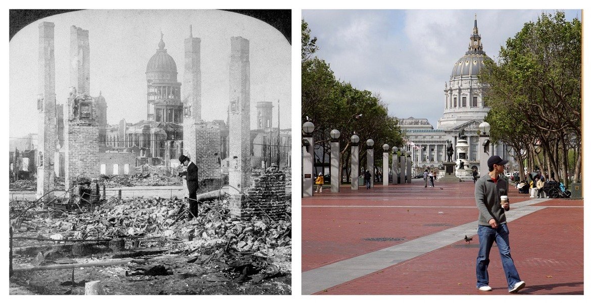 6. Преди и след земетресението: Мъж фотографира останките от кметството на Сан Франциско през 1906 г. Сградата е строена 27 години, а се срутва за едва 30 секунди. Вдясно - кметството през 2006-а.