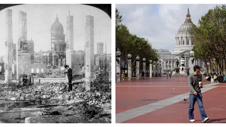 6. Преди и след земетресението: Мъж фотографира останките от кметството на Сан Франциско през 1906 г. Сградата е строена 27 години, а се срутва за едва 30 секунди. Вдясно - кметството през 2006-а.