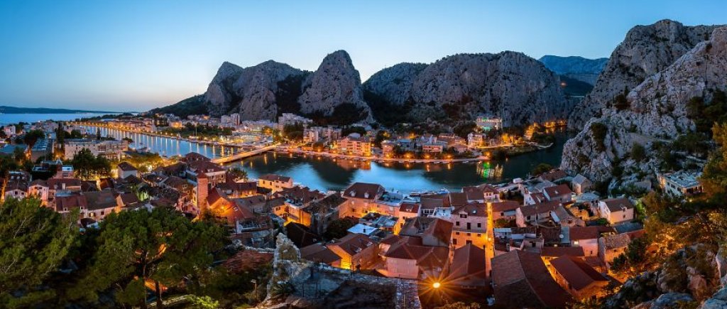 Aerial Panorama of Omis and Cetina River Gorge in the Evening, D