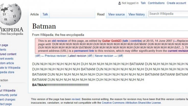 6. На-на-на-на-нана, Батмаааан!
Няма какво толкова да се каже за този случай, той просто трябва да се покаже. Шегаджия решава да редактира страницата за супергероя Батман, като маха цялата смислена информация и вместо нея слага "текста" от песничката от сериала "Батман" от 60-те.