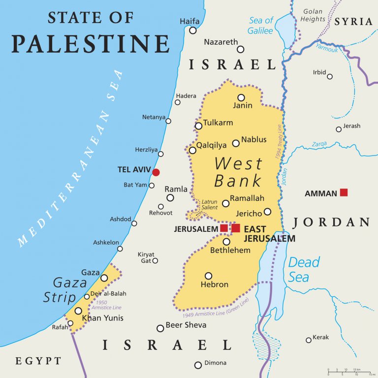 Карта на региона с палестинските територии - Западния бряг и Ивицата Газа