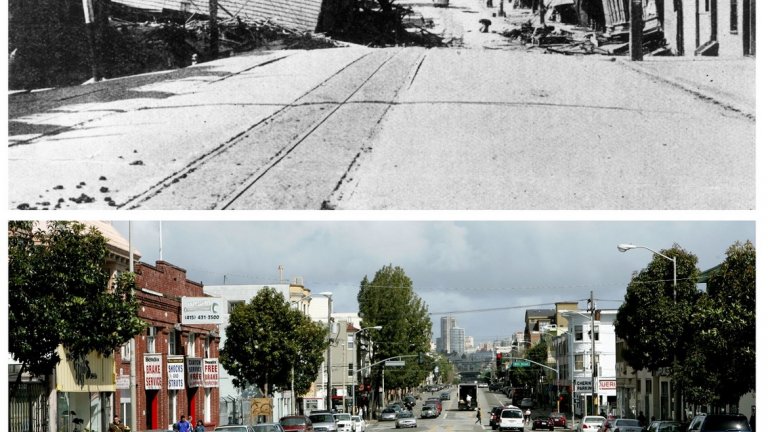 7. Преди и след земетресението: Улица "Валенсия" през 1906 и 2006 г.