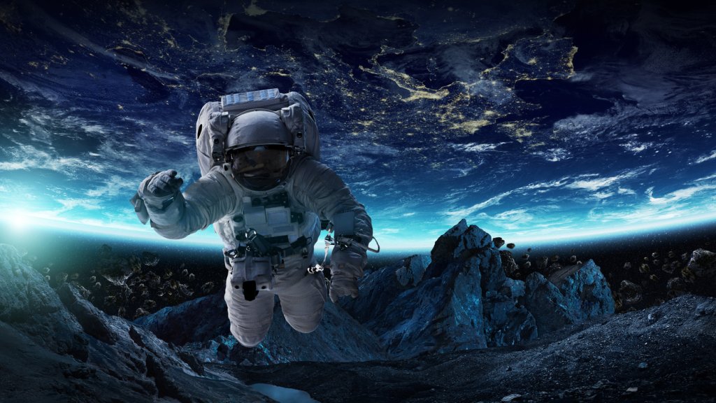 Astronaut in space working on a space station 3D rendering elements of this image furnished by NASA