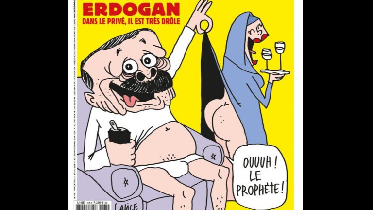 Карикатурата на турския президент в сатиричното издание предизвика нова вълна на гняв срещу Франция и френския президент Еманюел Макрон