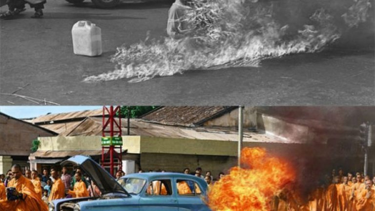 Самозапалването на монаха Тич Куанг Дук. Това е неговият начин да протестира срещу антибудистката политика на тогавашния президент на Южен Виетнам