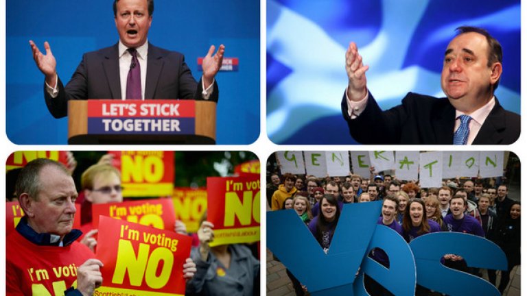 Кой ще спечели и кой ще загуби от референдума за независимост на Шотландия? Премиерът Дейвид Камерън (горе вляво) е основателно притеснен: Алекс Салмънд - шотландският премиер и лидер на Шотландската национална партия (горе вдясно) има убедителни аргументи, за да иска независимост от Великобритания
