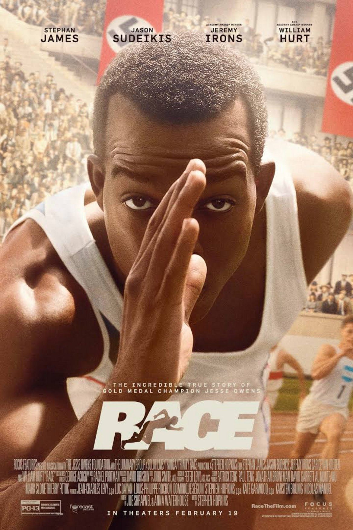 Race, 2016
Вдъхновен от невероятната история на легендарната звезда по лека атлетика Джеси Оуенс, филмът е вдъхновяваща драма за стремежа на един мъж да се превърне в олимпийска легенда. Неговият път го отвежда до Олимпийските игри в Берлин през 1936 година, където се изправя пред идеолога на арийското расово превъзходство Адолф Хитлер. Това е първата олимпиада, на която е въведена церемонията по внасяне на олимпийския огън. Джеси Оуенс печели 4 златни медала, а Race e увлекателeн разказ на историята му. 
