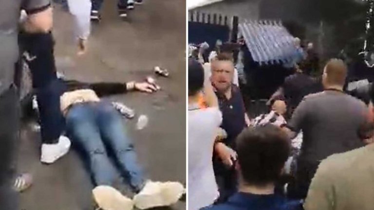 Жесток бой между английски футболни агитки около фен в безсъзнание (видео)