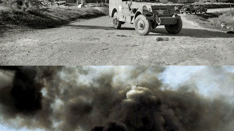 Въоръжени части блокират улица, в близост до взрив в нефтен кладенец, Тексас, САЩ, 1947 година
