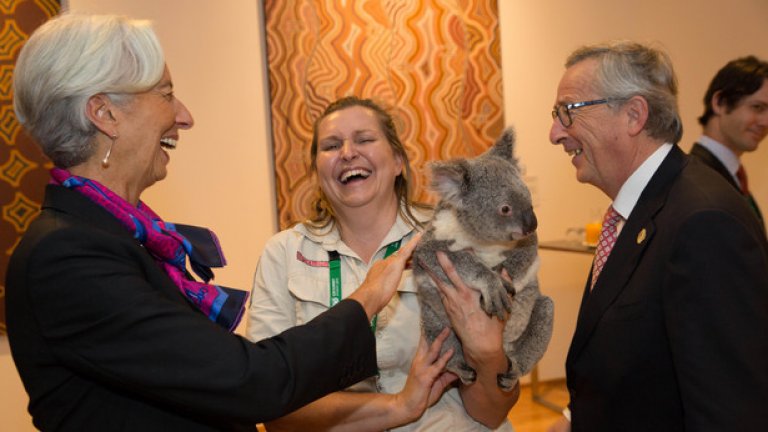 Директорът на МВФ Кристин Лагард и президентът на Европейската комисия Жан-Клод Юнкер