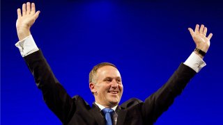 New Zealand PM John Key celebrates retaining power after the general election in Auckland