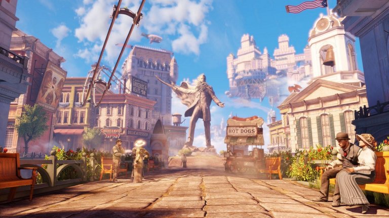 Колумбия (BioShock Infinite)
Високо в небето, сгушен над пухкавите и бели облаци, се намира един величествен град. Тук никога не вали - бурите тормозят единствено хората, здраво стъпили на земята. Яркото слънце облива с топлите си лъчи реещите се спокойно на платформи и обсипани с цветове неокласически постройки, свързани помежду си със специални рампи. Добре дошли в Колумбия. Място, в което ще прекарате едни от може би най-щастливите си часове в гейминга. Градът е истинско визуално зрелище - по улиците му се движат необикновени механични коне, а стените са изпъстрени с десетки пропагандни плакати, пред които често ще се спирате. Често просто ще се спирате и ще се взирате в далечината или ще се подсмихвате на децата, играещи си на улицата и плискащи се с водата от пожарникарските кранове. BioShock Infinite е произведение на изкуството, което нежно те хваща за ръка и бавно, но сигурно, те въвлича в едно разтърсващо преживяване.