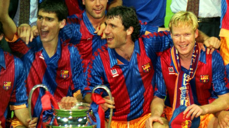 Христо Стоичков между Пеп Гуардиола и Роналд Куман при спечелването на Шампионската лига през 1992 г.