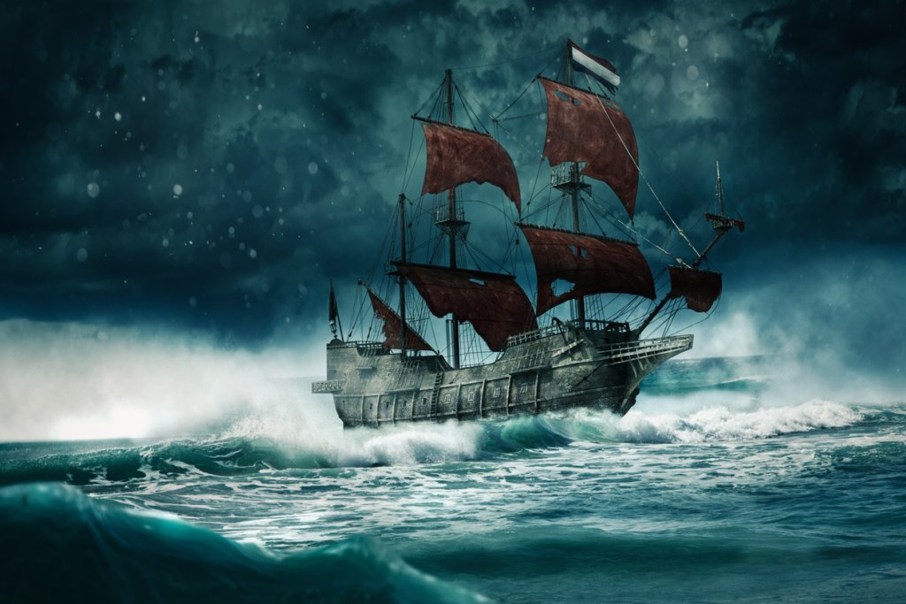 A ghost ship sails through the stormy night-3D-Illustration