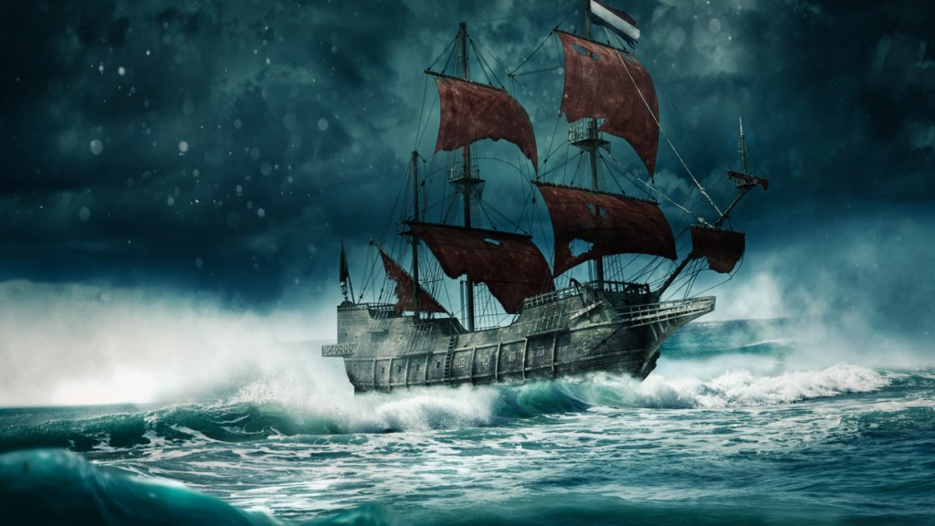 A ghost ship sails through the stormy night-3D-Illustration