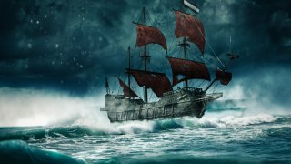 A ghost ship sails through the stormy night-3D-Illustration