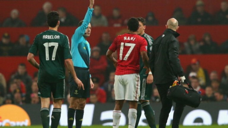 Червеният картон на Луиш Нани, показан от Джунейд Чакър, срещу Реал (Мадрид) през 2013-а също породи много въпросителни