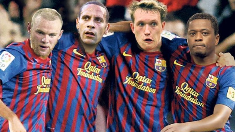 Уейн Рууни, Рио Фърдинанд, Фил Джоунс и Патрис Евра, облечени в екипи на Барселона в колажа на вестник "The Sun"