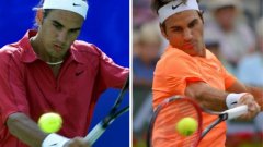 Роджър Федерер през 2000 г. (вляво) и през 2015-а. Само прическата е сменена, останалото не е мръднало. Швейцарецът е като мумифициран, а и продължава да е абсолютна константа в спорта си, който доминира като популярност и титли вече над десетилетие.
