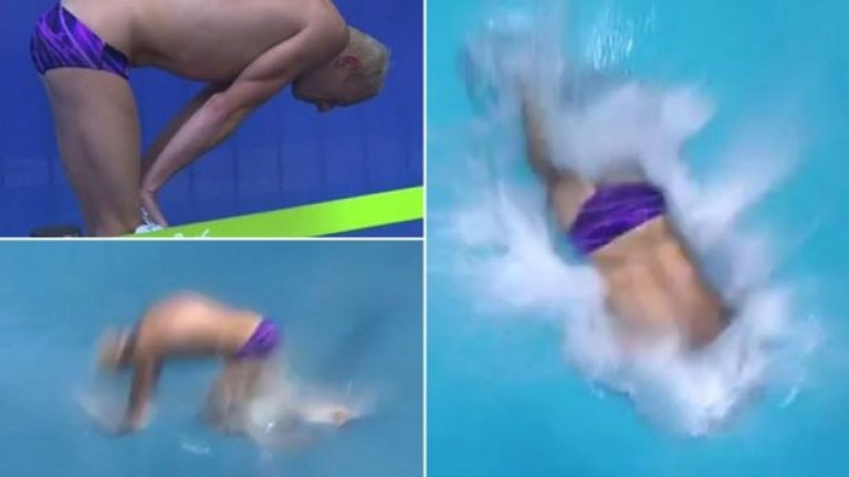 Великото цамбурване на Илия Закаров
Защитаващият олимпийската си титла руснак се засили, скочи, завъртя се във въздуха, но влезе във водата по начин, който може да се опише единствено като лазеща поза.