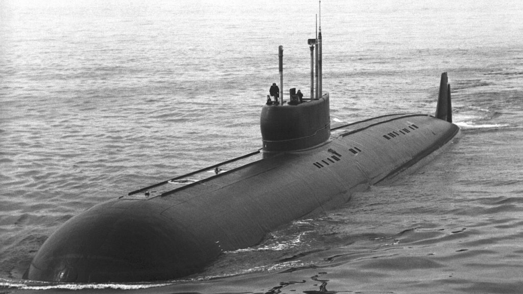 A port bow view of a Soviet Papa class cruise missile submarine underway.