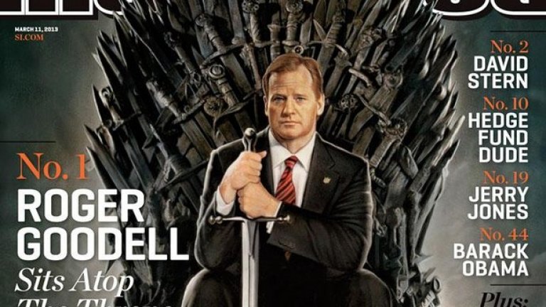 Комисионерът на NFL Роджър Гуудел седи на Трона на корицата на Sports Illustrated от 11 март 2013 година