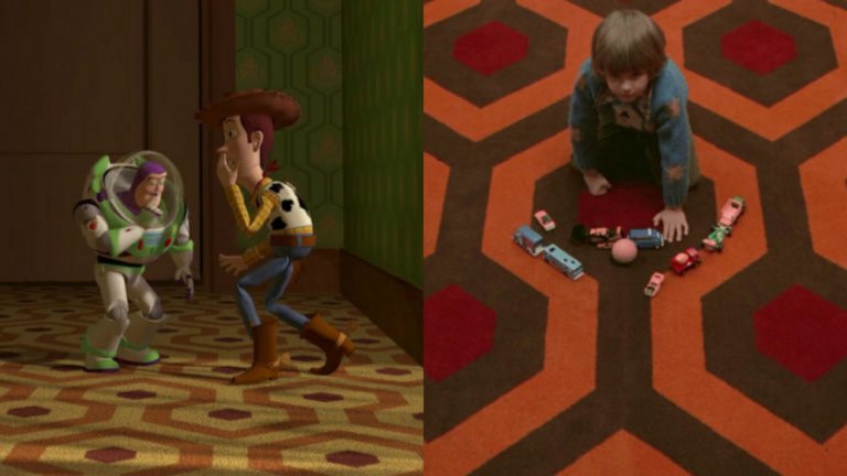 "Играта на играчките" (1995)
Първият филм от анимационната серия е пълен с препратки към "Сиянието" на Стенли Кубрик - хорър, който трудно може да се определи като подходящ за детската аудитория. Една от най-забележимите препратки е мокетът в дома на главния герой, която е видимо копие на този от зловещия хотел на Джак Никълсън.