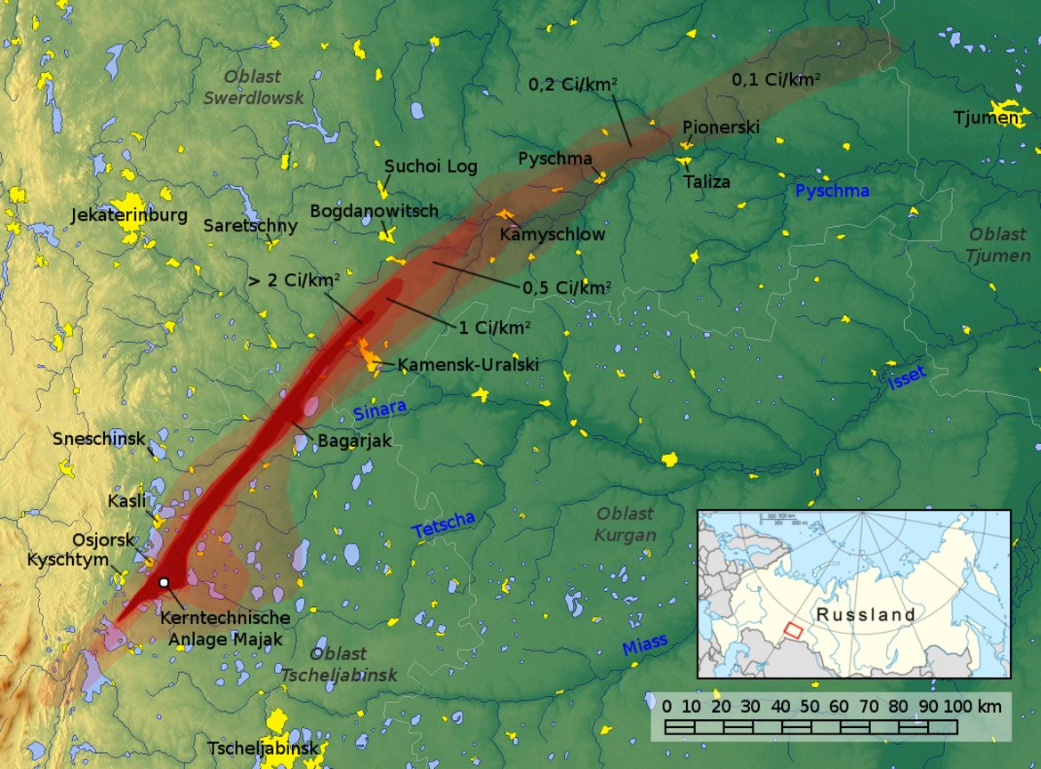 Карта на радиоактивното замърсяване по поречието в областта на Озьорск.