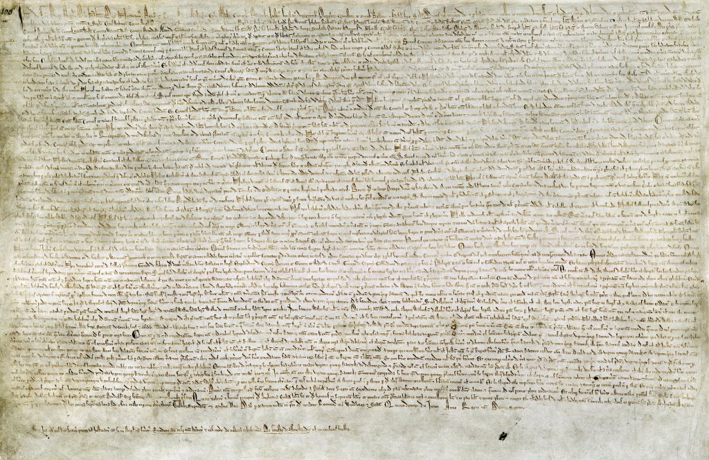 Магна Харта, Велика харта, 1215 г. Едно от четирите оцелели копия на Магна Харта от 1215 г. от колекцията на сър Робърт Котън, Британска библиотека, Лондон.