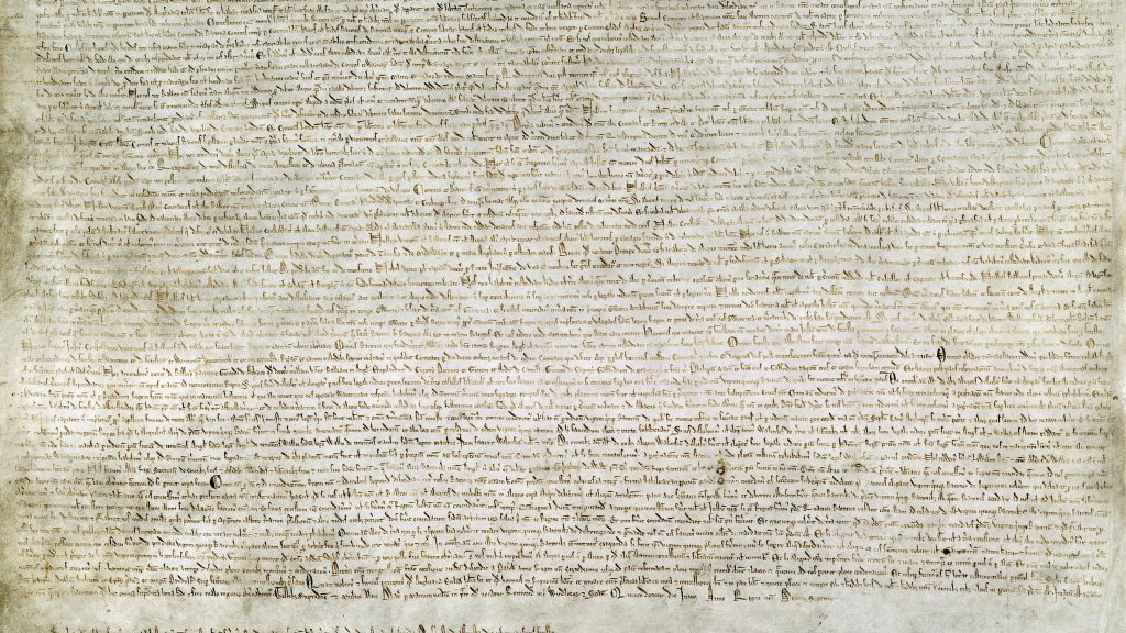 Магна Харта, Велика харта, 1215 г. Едно от четирите оцелели копия на Магна Харта от 1215 г. от колекцията на сър Робърт Котън, Британска библиотека, Лондон.