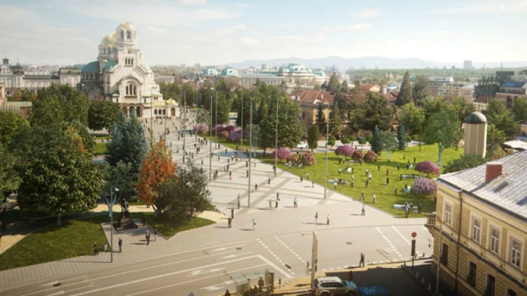 Пространството пред НДК ще е пешеходна зона с гранитни павета и ексцентрично осветление от пилони, високи 18 метра. Първоначалната им височина бе 20 метра, но след направени корекции от страна на журито е намалена