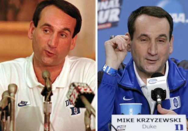 Майк Кжижевски - 1995 и 2015-а. Наричат го Коуч Кей, а в баскетбола има много малко икони с неговия статут. 20 години разлика в двете снимки, но - личат ли му?