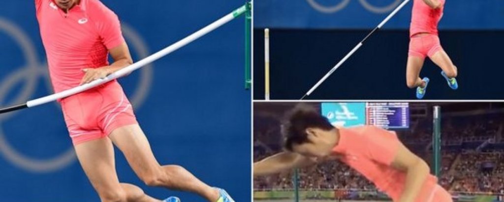 Провален от пениса си
Със сигурност, Хироки Огита е най-известният японски състезател на овчарски скок. Огита опита да скочи 5.30 и да се класира за финала. Извиси се, мина над пръта, започна да пада, но „нещо“ го провали. Да, снимките казват достатъчно.