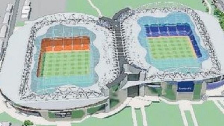Ливърпул и Евертън. Градските съперници се обединиха за странния план, наречен Siamese stadium. Двете арени - по една за Ливърпул и за Евертън, трябваше да са плътно залепени една до друга с цел икономии при строителството.