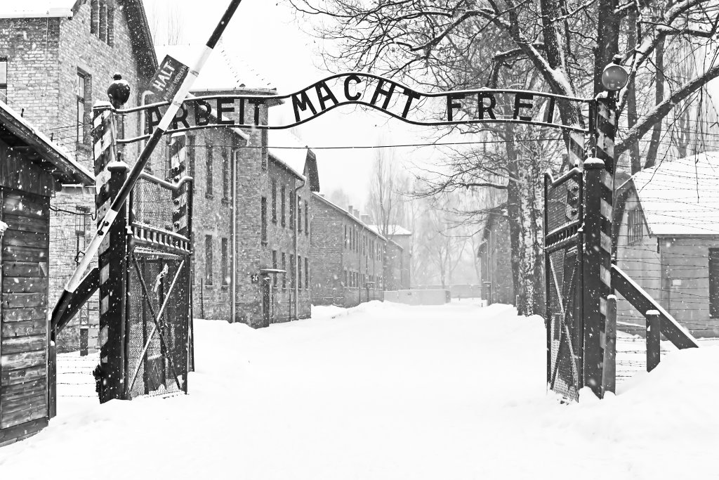 Sing Arbeit macht frei (Work liberates) in Auschwitz II Birkenau
