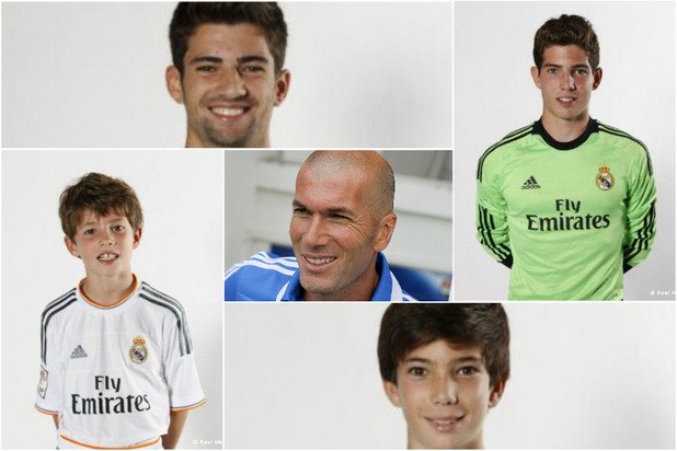 Един отбор Зидани. Таткото Зинедин е един от най-големите в историята, а около него са: Енцо (горе вляво) - на 20 г., играе във втория отбор на Реал, Лука (вратар, 16 г.) от тима до 17 г. на клуба, Тео (долу) на 13 г., в академията на "белия балет" и Елиас (вляво) - 10 годишен, току-що приет в школата на Реал и вече в тива до 12 г. Всички те са в бяло и имат данни да последват татко си. Колко добри ще станат... времето ще покаже.