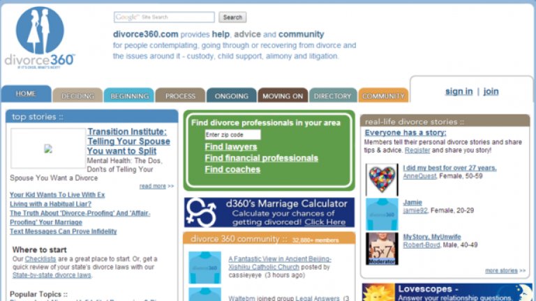 И най-накрая, след всичките сайтове за запознанства, да се намери и един, който прави обратното. Divorce360.com би трябвало да е полезна общност от хора, които са разведени или се развеждат и си помагат един на друг в справянето с това емоционално преживяване