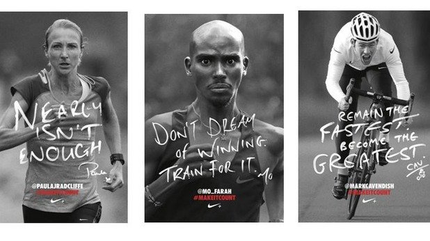 От Nike са автори и на редица кампании, залагащи на мотивиращия елемент. Това те постигат с привличането на някои от най-добрите в своя спорт атлети.