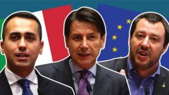 Луиджи ди Майо (министър на икономическото развитие), Джузепе Конти (министър-председател) и Матео Салвини (вътрешен министър) - лицата на властта в една от най-проблемните икономики в Европа, която сега е застрашена и от санкции заради огромния си дълг.