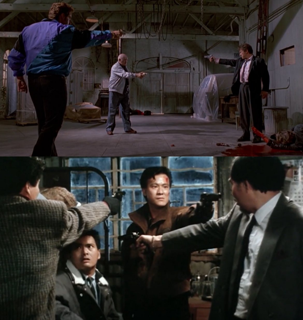 Между "Глутница кучета" (1992 г.) на Тарантино (горе) и хонконгския City on Fire (на долната снимка), появил се пет години по-рано, също има доста прилики. Включително и в някои от сцените.